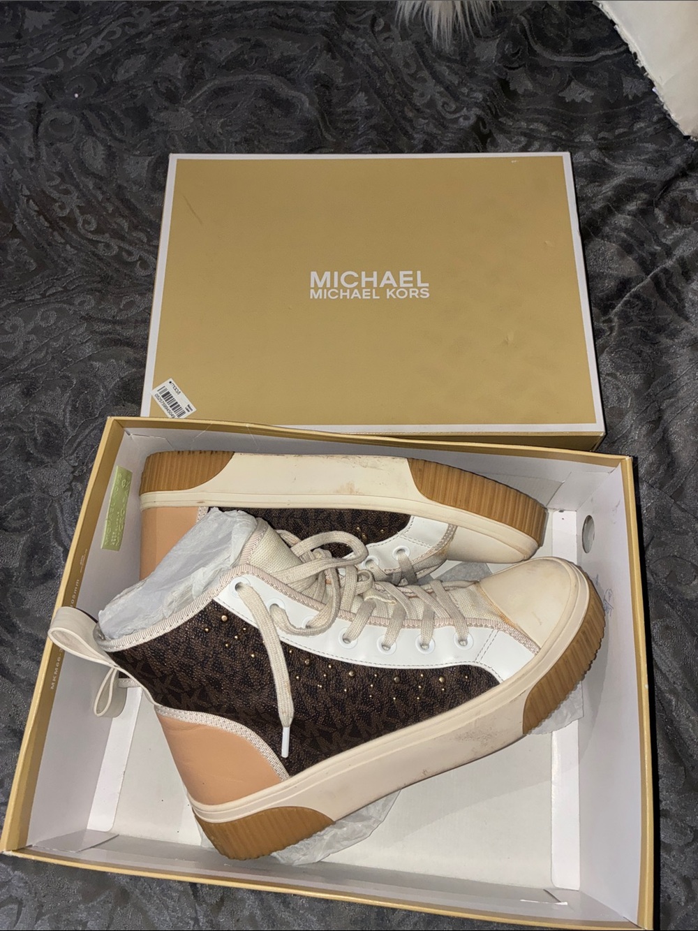 Michael Kors Brown Monogram High-Top Sneakers with White and Tan
